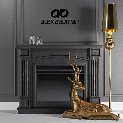 Black Fireplace Mantel With Glassware Golden Deer Statue Gold Floor Lamp And Gray Wall Background 3d model