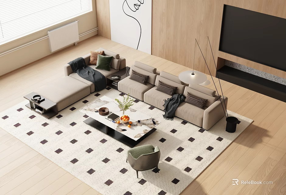 Modern Sofa Coffee Table Set with Light Beige Cushions Geometric Rug and Wooden TV Wall 3d model 