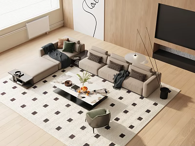 Modern Sofa Coffee Table Set with Light Beige Cushions Geometric Rug and Wooden TV Wall 3d model