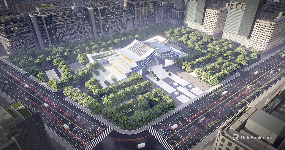 Modern Urban Building With Green Landscape And Surrounding City Roads 3d model 