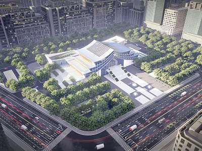 Modern Urban Building With Green Landscape And Surrounding City Roads 3d model