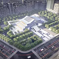 Modern Urban Building With Green Landscape And Surrounding City Roads