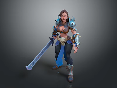 Brave Female Warrior In Blue Brown Armor Holding Long Sword 3d model