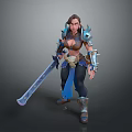 Brave Female Warrior In Blue Brown Armor Holding Long Sword