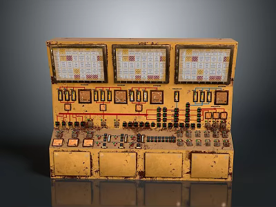Vintage Industrial Control Panel With Three Display Screens And Rusted Buttons Knobs 3d model