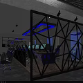 Modern Cyber Cafe Interior With Blue Lighting Black Metal Partition Computers Tables And Green Plants