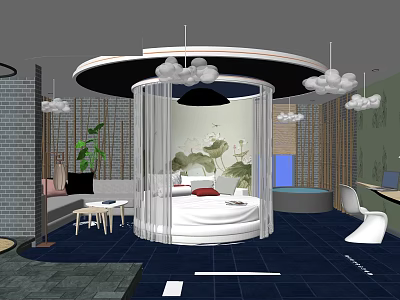 Modern Hotel Room Interior With Round Bed Sheer Curtain Cloud Pendant Lights And Lotus Wall 3d model