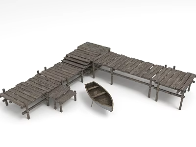 Small Wooden Boat Moored At Weathered Wooden Dock Structure Platform 3d model Small Wooden Boat Moored At Weathered Wooden Dock Structure Platform 3d model