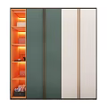 Modern Wardrobe Interior with Green White Doors Shelves Drawers and Warm Lighting Design