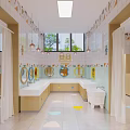 Green Walled Room With Ceiling Fan Window Wooden Lockers And Storage Cubbies