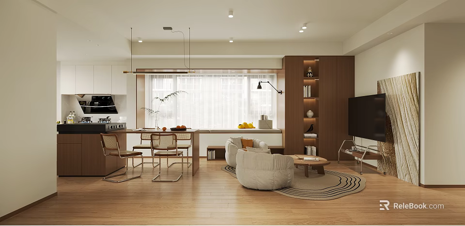 Modern Living Dining Room Interior With Dining Table Chairs Sofa Coffee Table Shelves And TV 3d model 