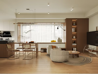 Modern Living Dining Room Interior With Dining Table Chairs Sofa Coffee Table Shelves And TV 3d model