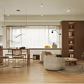 Modern Living Dining Room Interior With Dining Table Chairs Sofa Coffee Table Shelves And TV