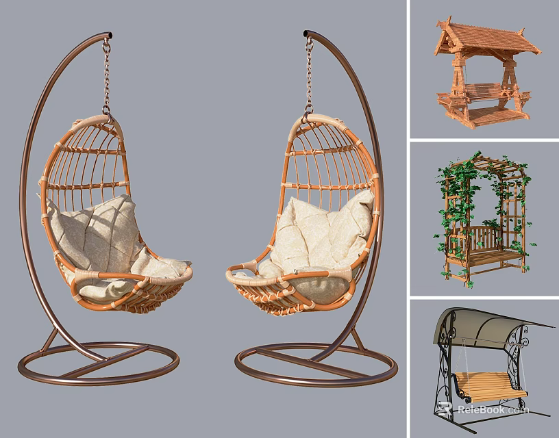 Modern Rattan Hanging Chairs with Metal Stand and White Cushions 3d model 