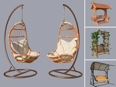 Modern Rattan Hanging Chairs with Metal Stand and White Cushions 3d model