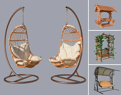 Modern Rattan Hanging Chairs with Metal Stand and White Cushions 3d model