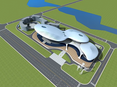 Modern Architectural Complex With Unique White Roof Surrounding Greenery And Water Body 3d model