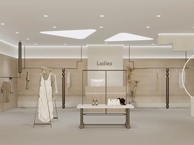 Ladies Clothing Store Interior With Fashion Display Hanging Dresses Display Table And Lighting 3d model