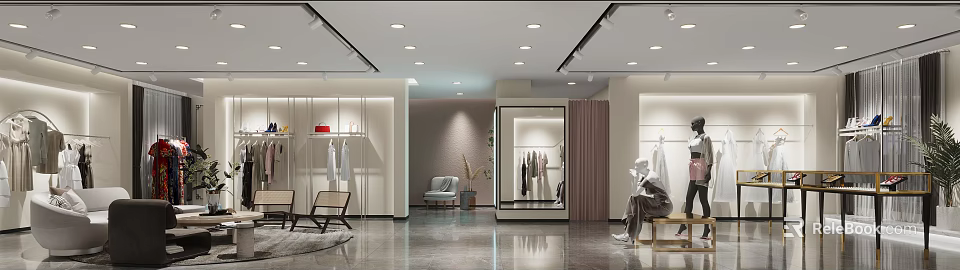 Modern Clothing Store Interior With Clothing Racks Mannequins Seating And Lighting Design 3d model 