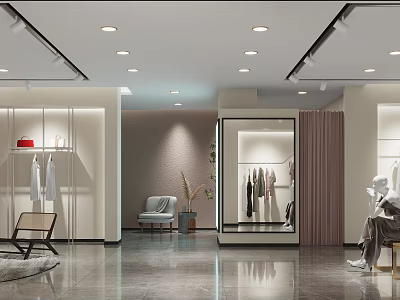 Modern Clothing Store Interior With Clothing Racks Mannequins Seating And Lighting Design 3d model