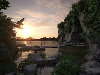 Serene Park Landscape With Sunset Calm Lake Rocks Green Trees And Person On Path 3d model
