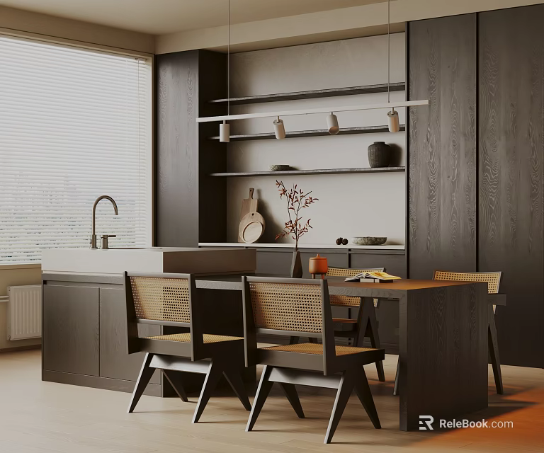 Modern Dark Wood Dining Table Set With Woven Back Chairs And Kitchen Cabinets 3d model