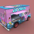 Pink Ice Cream Truck Featuring Star Decorations And Ice Cream Graphics With Open Serving Window