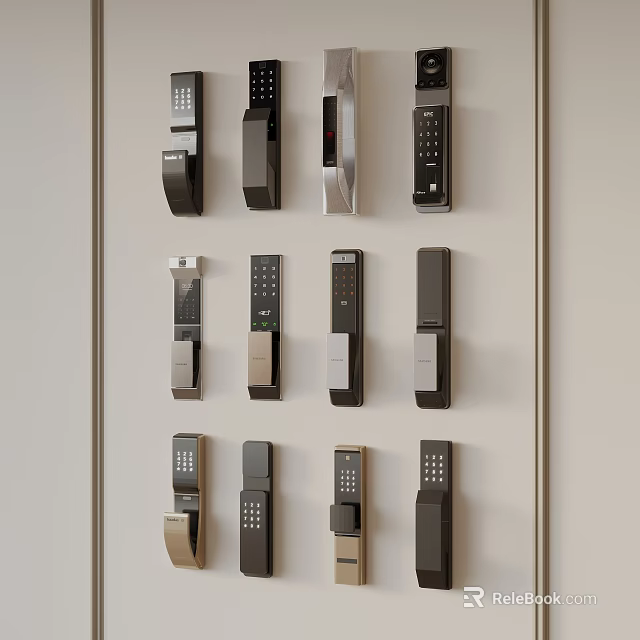 Multiple Modern Digital Door Locks With Various Styles On Display Wall 3d model