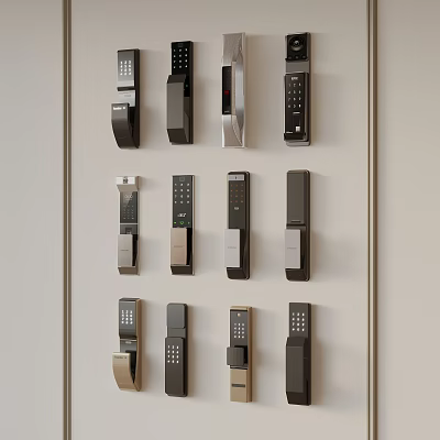 Multiple Modern Digital Door Locks With Various Styles On Display Wall 3d model