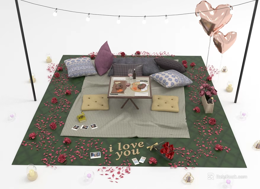Romantic Outdoor Setup With Green Blanket Pillows Rose Petals Balloons And I Love You Lettering 3d model 