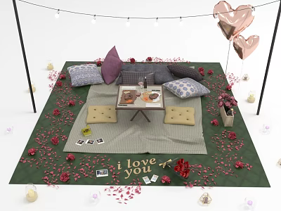 Romantic Outdoor Setup With Green Blanket Pillows Rose Petals Balloons And I Love You Lettering 3d model