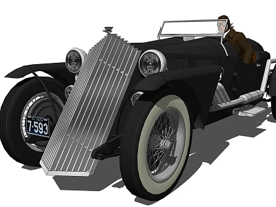Classic Black Convertible Vintage Car With Silver Grille White Wheels And Person 3d model