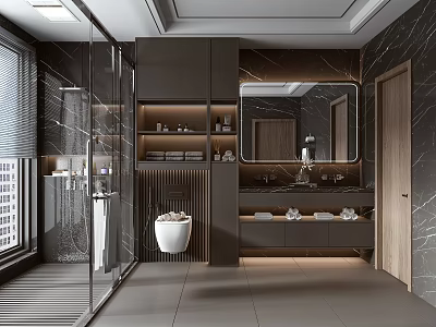 Modern Bathroom With Black Marble Walls Open Shower Glass Partition Lighted Cabinets And Large Mirror 3d model