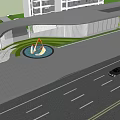 Modern Entrance Gate With Orange Sculpture Black Pavement And Lawn Among High Rise Buildings