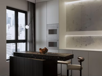 Modern Bar Counter Design With Marble Top Open Layout Stools And City View 3d model