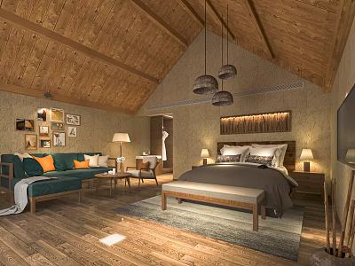 Hotel Guest Room With Wooden Ceiling Floor Bed Sofa Decorative Paintings Pendant Lights And Rug 3d model