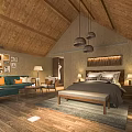 Hotel Guest Room With Wooden Ceiling Floor Bed Sofa Decorative Paintings Pendant Lights And Rug