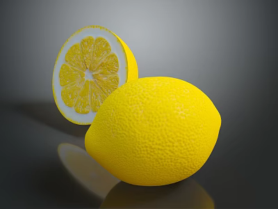 Fresh Yellow Lemons With Whole And Sliced Fruit On Dark Reflective Surface 3d model