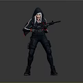 Woman In Hooded Tactical Outfit Holding Rifle Standing Against Gray Background