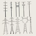 Different Types of Utility Poles and Transmission Towers with Electrical Components