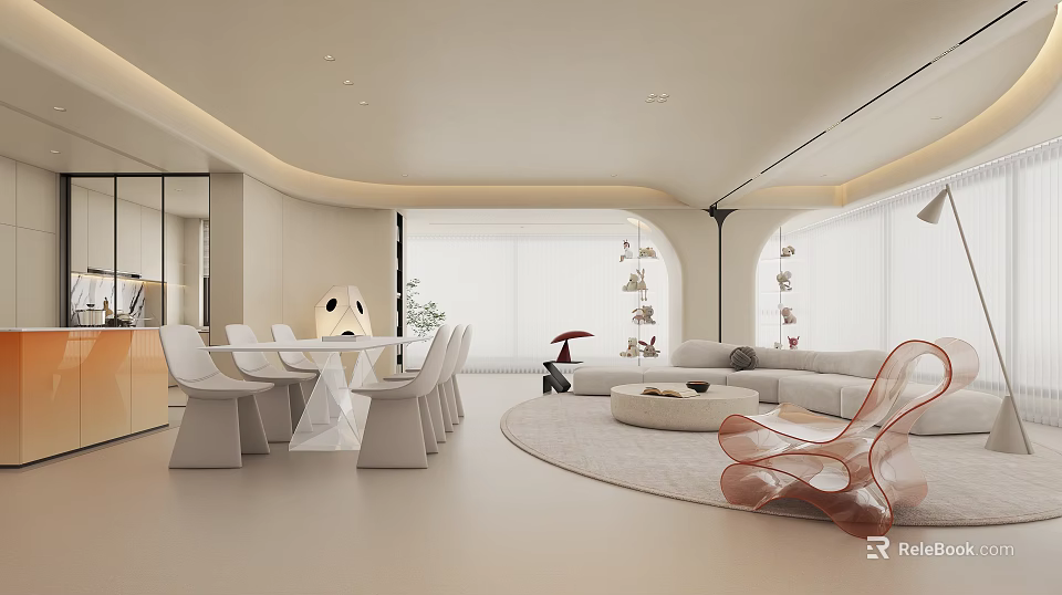 Modern Dining and Living Room Interior With Light-colored Sofa Dining Table and Chairs 3d model