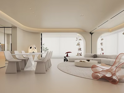 Modern Dining and Living Room Interior With Light-colored Sofa Dining Table and Chairs 3d model