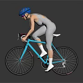 Cyclist In Blue Helmet Riding Blue Bicycle With Silver Tight Fitting Suit On Gray Background
