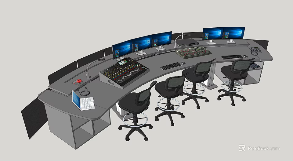 Curved Office Desk With Multiple Monitors Ergonomic Office Chairs Control Panel And Workspace Setup 3d model
