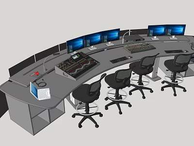 Curved Office Desk With Multiple Monitors Ergonomic Office Chairs Control Panel And Workspace Setup 3d model