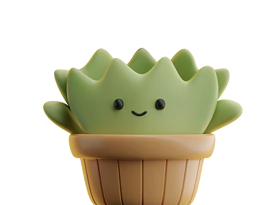 Cartoon Style Potted Bonsai Plant With Green Leaves Smiling Face And Brown Pot 3d model