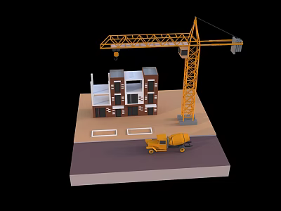 Cartoon Construction Site Scene With Yellow Crane House Under Construction And Cement Mixer Truck 3d model