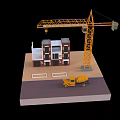 Cartoon Construction Site Scene With Yellow Crane House Under Construction And Cement Mixer Truck