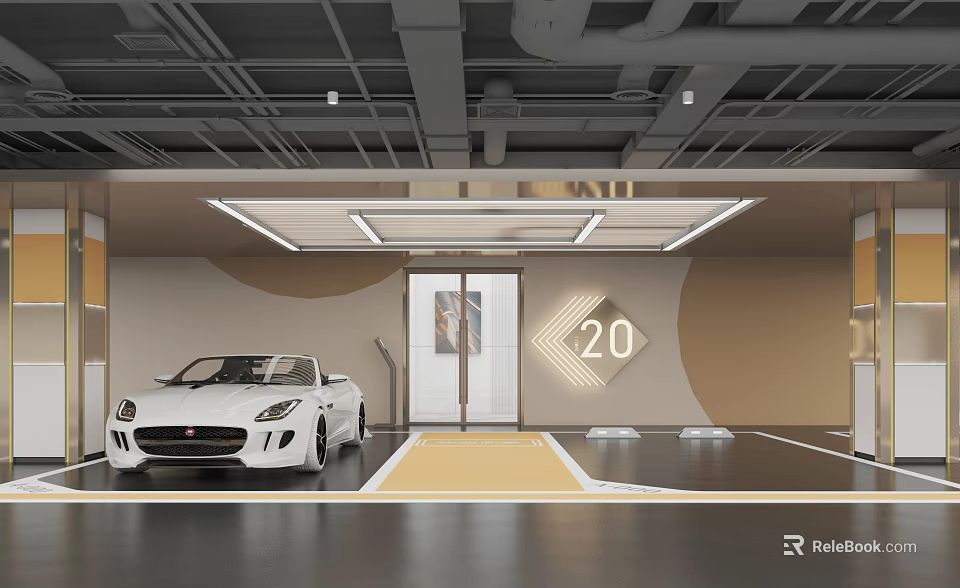 Luxury Modern Parking Garage Featuring White Sports Car Number 20 Geometric Wall Decor And Lighting 3d model 