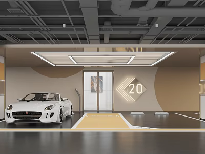 Luxury Modern Parking Garage Featuring White Sports Car Number 20 Geometric Wall Decor And Lighting 3d model